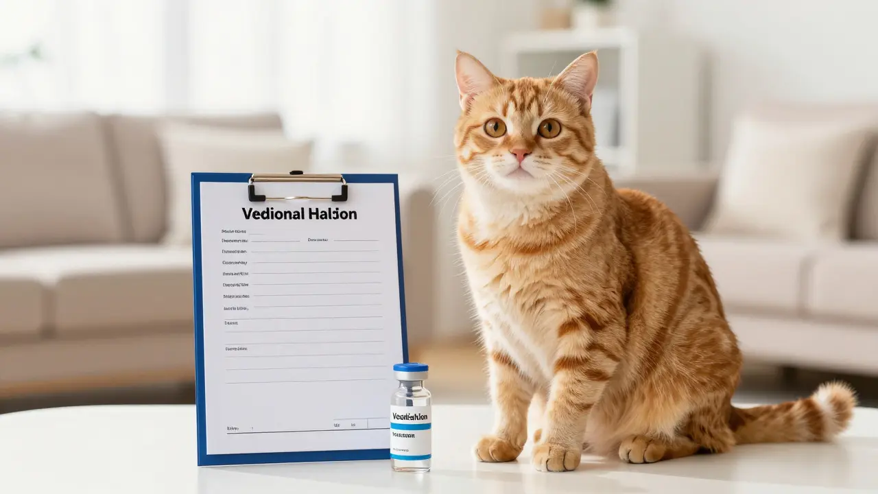 Zdravá kočka vedle očkovací knížky a vakcíny