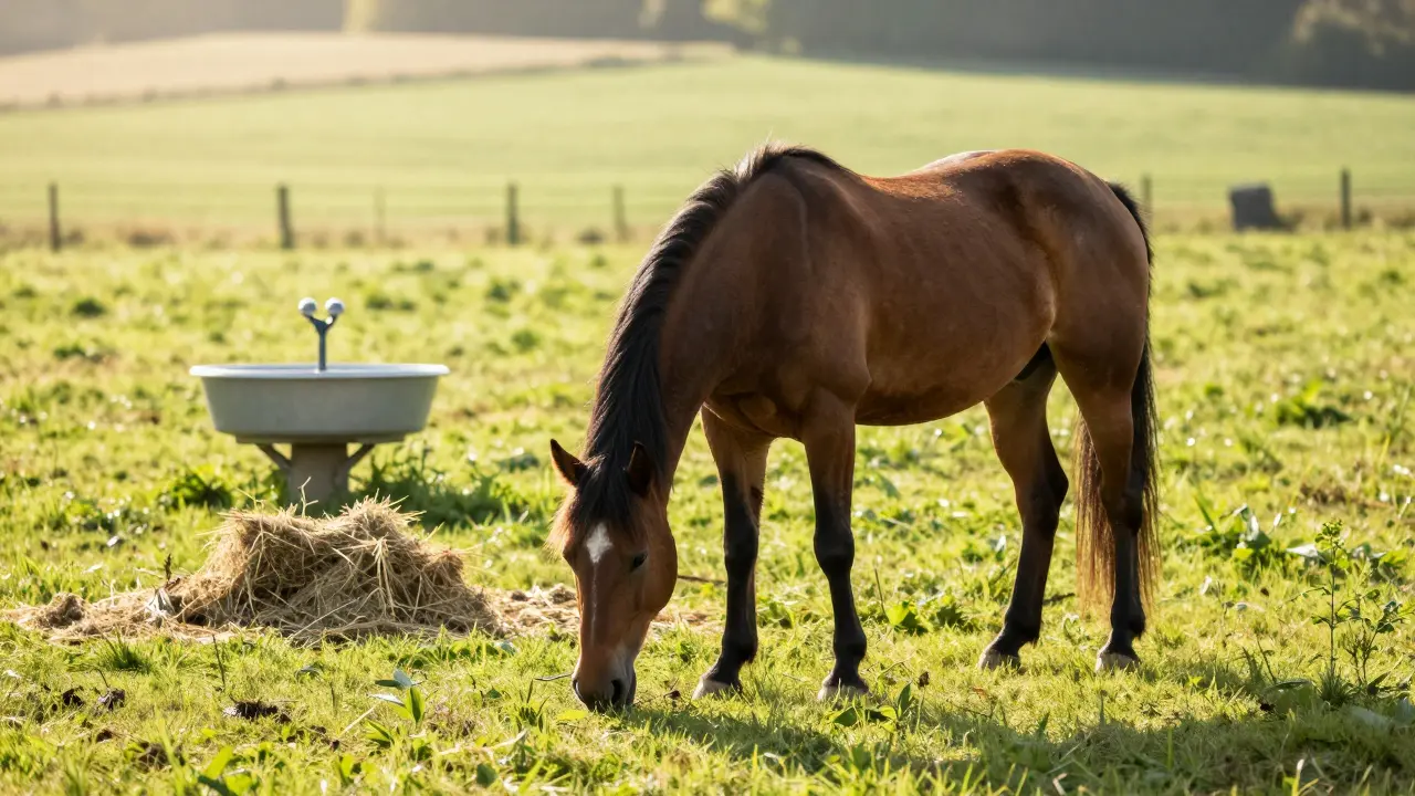 Zdravý kůň pasoucí se na zelené louce jako symbol prevence koliky.