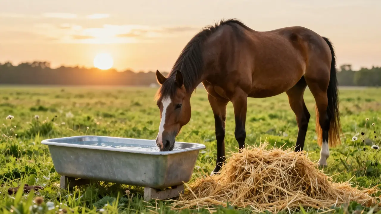 Zdravý kůň pasoucí se na zelené louce s čistou vodou a kvalitním senem.