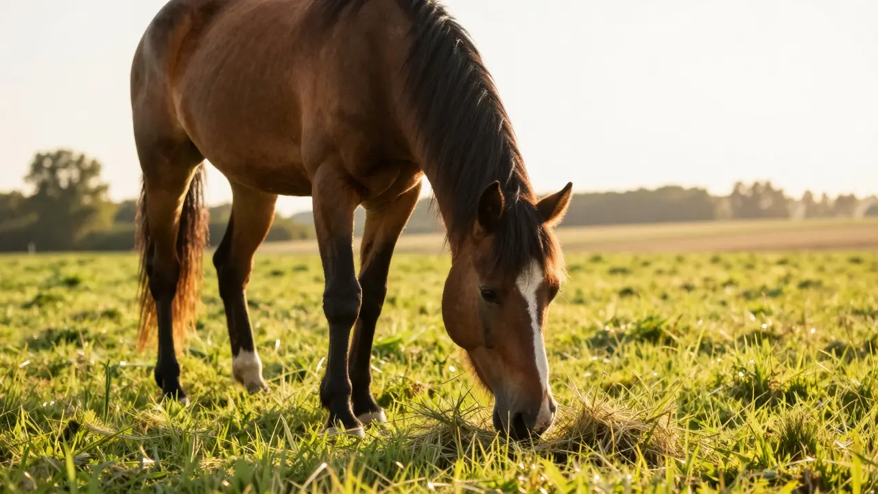 Zdravý kůň s klidněm pasoucí se na zelené louce