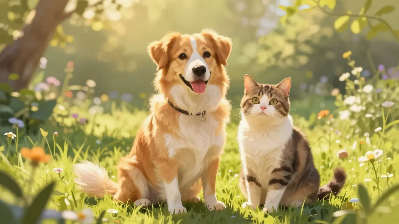 Zdravý pes a kočka sedí vedle sebe v zahradě