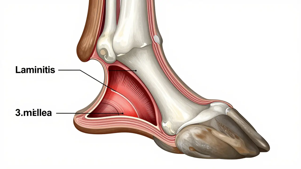 Anatomický průřez kopytem ukazující zánět lamel