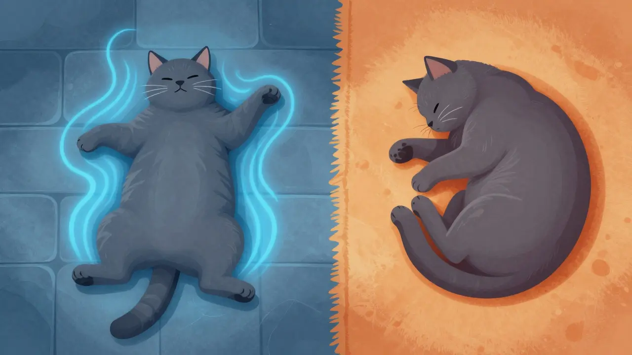 Ilustrace kočky chlazení se na studené dlaždici versus zahřívání