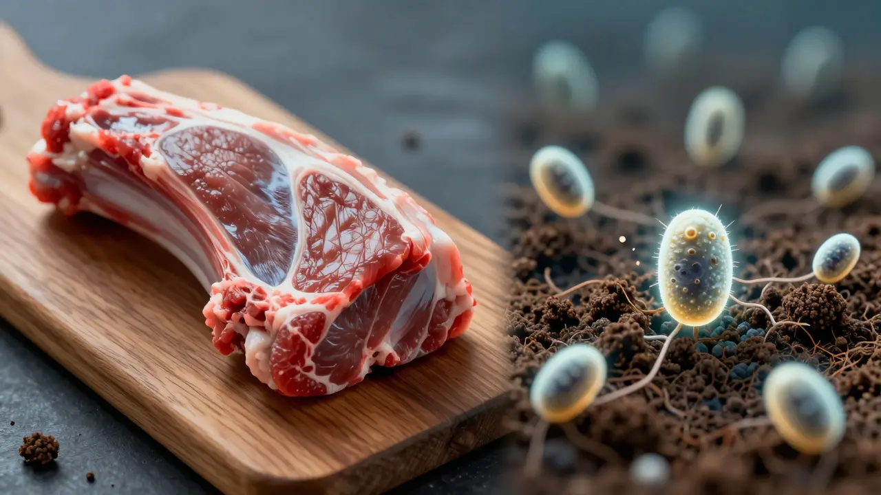 Surové maso a mikroskopické cysty v půdě