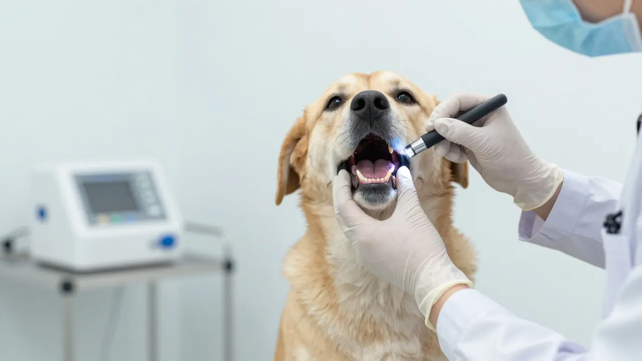 Veterinář kontroluje dásně psa pomocí baterky v klinickém prostředí.