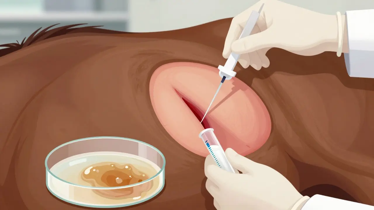 Veterinář provádí punkci břicha koně pro diagnostiku