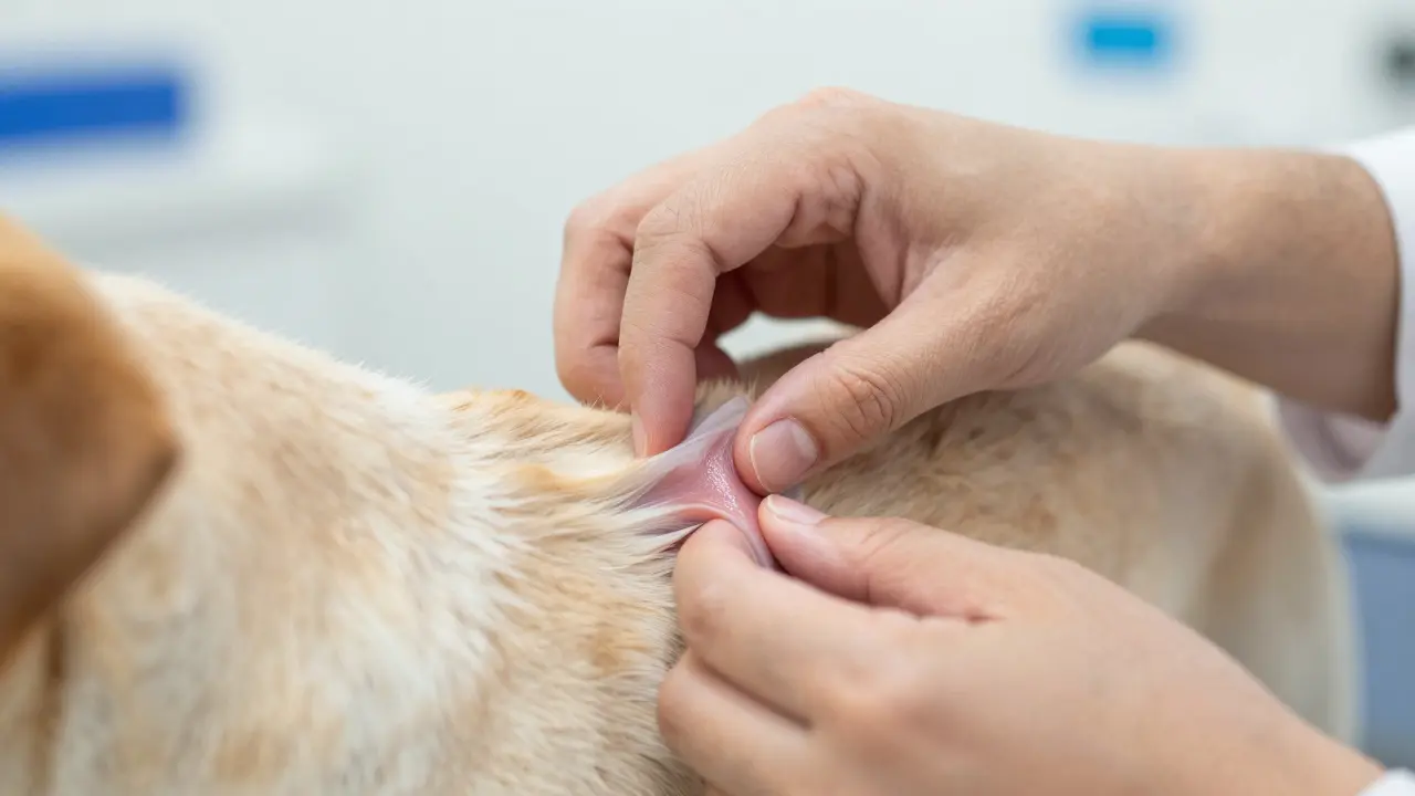 Veterinář provádí test dehydratace na kůži psa v klinice