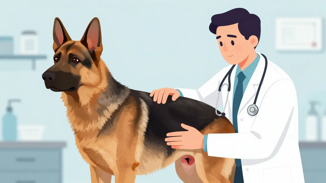 Veterinář vyšetřuje břicho psa v klinice
