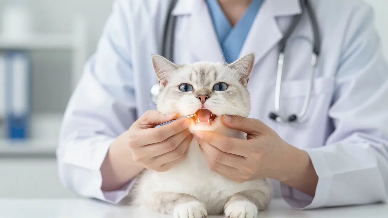 Veterinář vyšetřuje dásně kočky při prohlídce