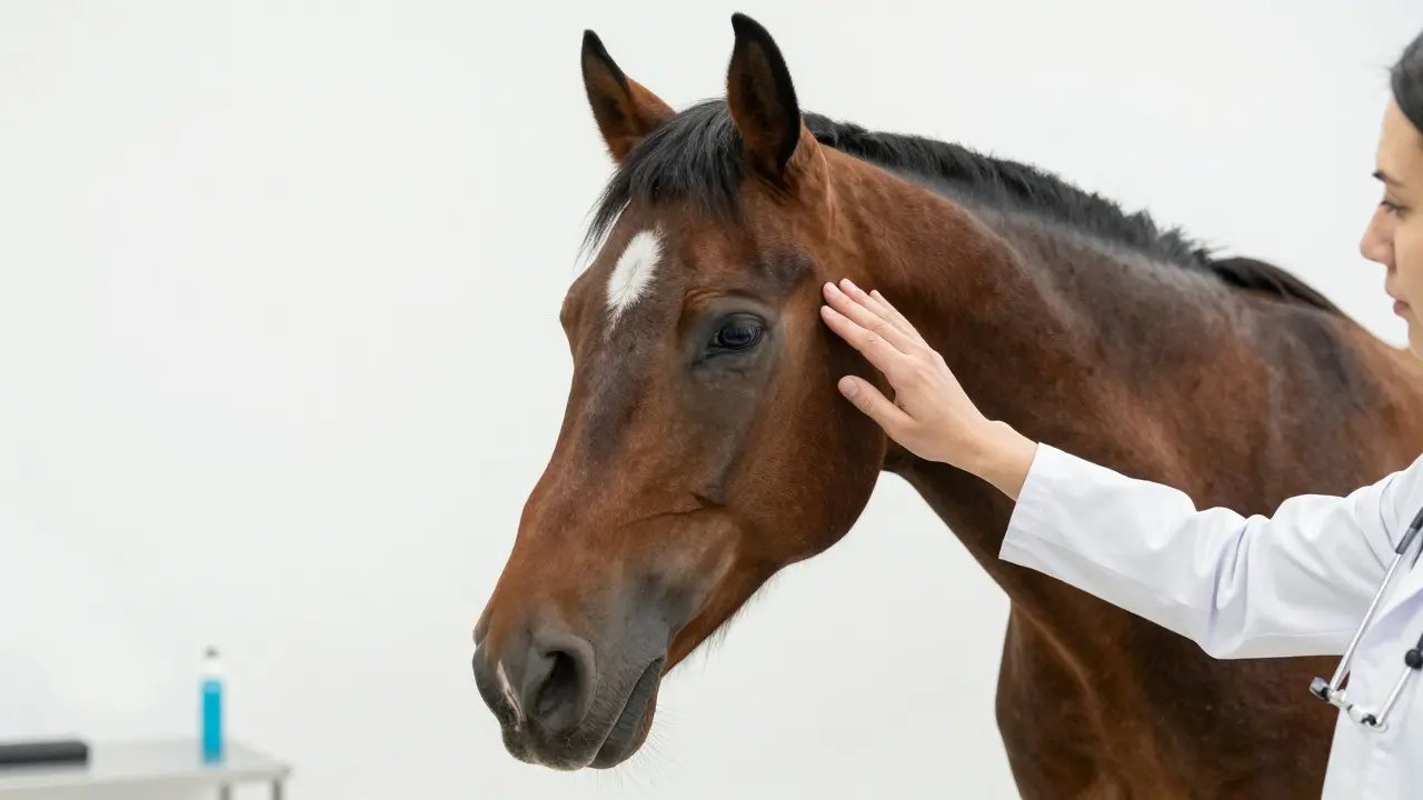Veterinář vyšetřuje hlavu klidného koně v ordinaci