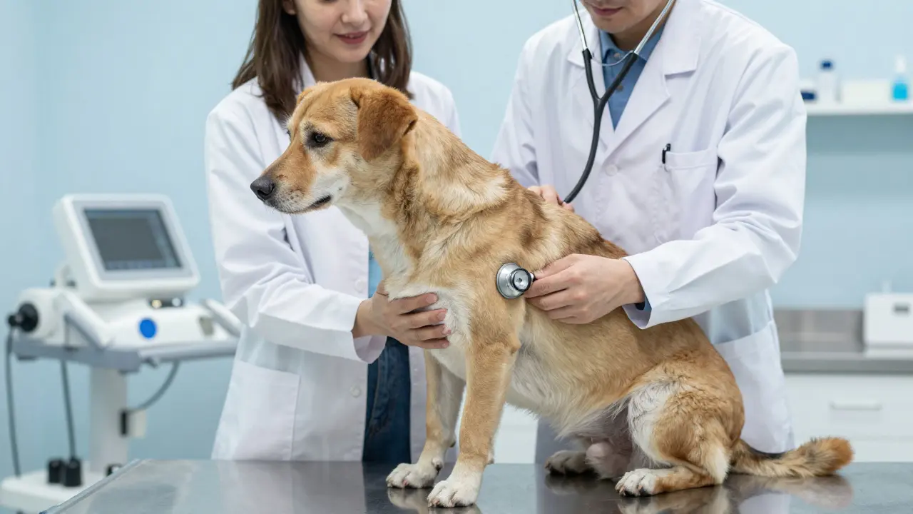 Veterinář vyšetřuje nohu psa v ordinaci