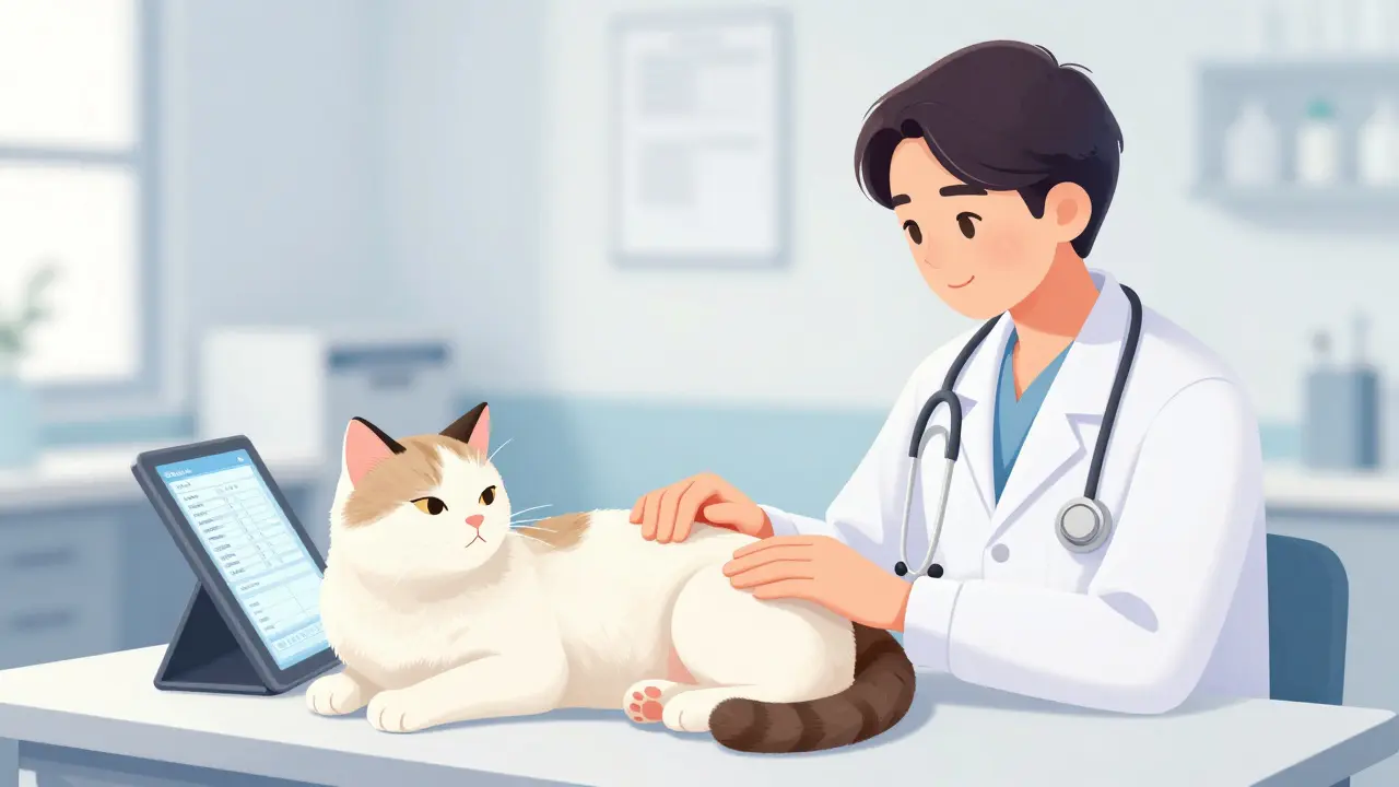 Veterinář vyšetřující březou kočku v klinice