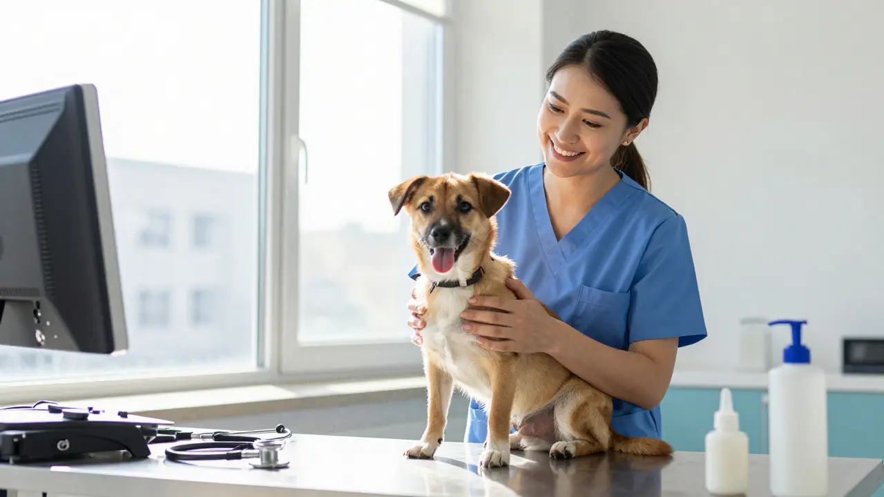Veterinární lékař vyšetřuje zdravého psa v jasně osvětlené ordinaci.