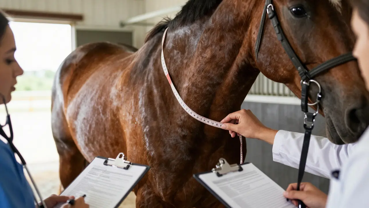 Veterinární vyšetření a měření koně v chlévě