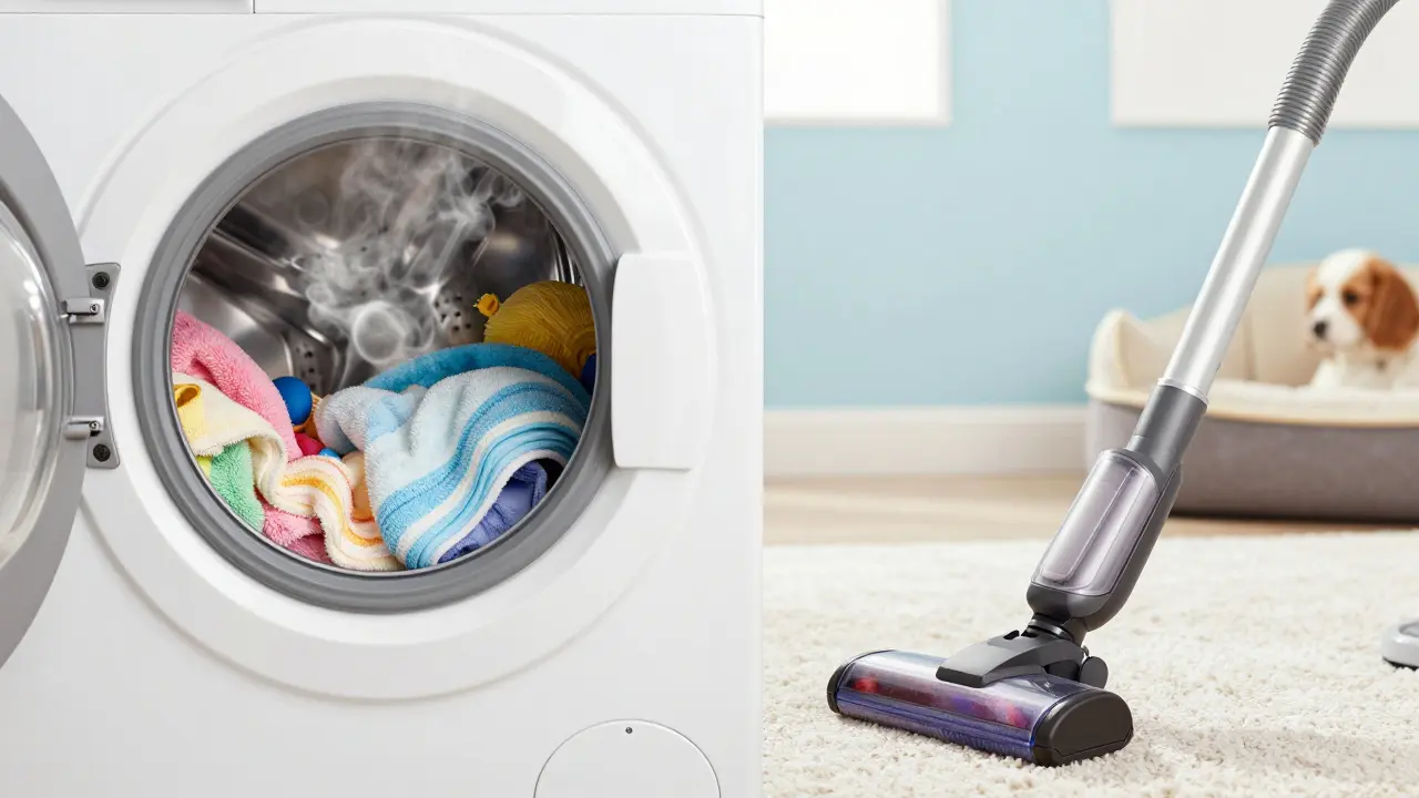 Praní pelíšků ve stroji a vysávání koberce pro hygienu