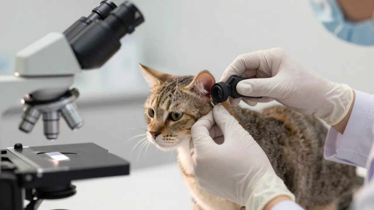 Veterinář vyšetřuje ucho kočky otoskopem v ordinaci